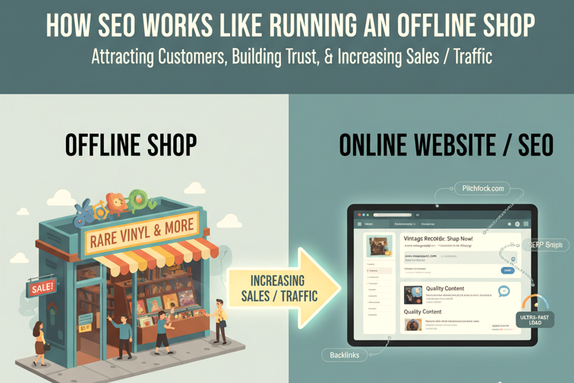 How SEO Works Like Running an Offline Shop: Attracting Customers, Building Trust, and Increasing Sales / Traffic