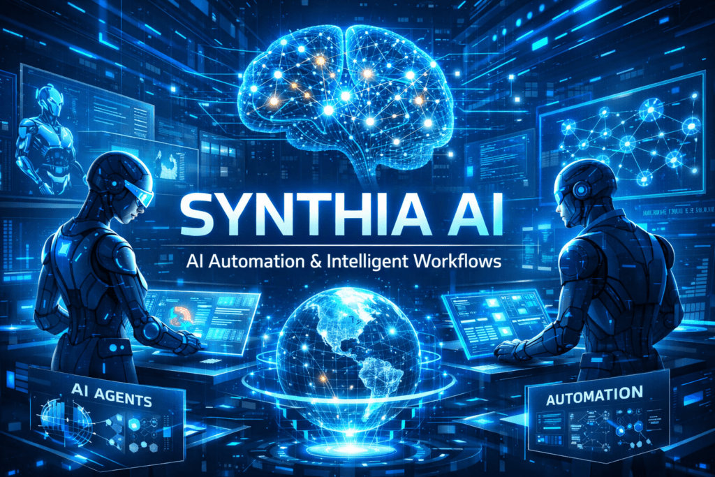 This image represents the concept of Synthia AI, a modern artificial intelligence platform designed for automation and intelligent workflows. The futuristic environment highlights advanced AI technology with glowing neural networks, digital dashboards, and autonomous AI agents working together.

The holographic globe symbolizes global data processing and interconnected systems, while the AI agents interacting with digital interfaces represent automated decision-making and workflow management.

Overall, the visual illustrates how Synthia AI can power intelligent automation, AI agents, and smart digital systems in modern businesses and technology platforms.